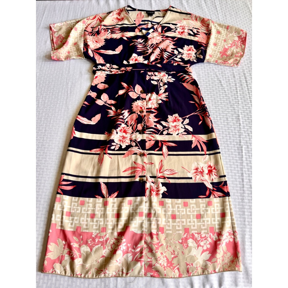 En Focus Studio Floral Tropical Midi Dress Navy Pink Cream Size 10 13225